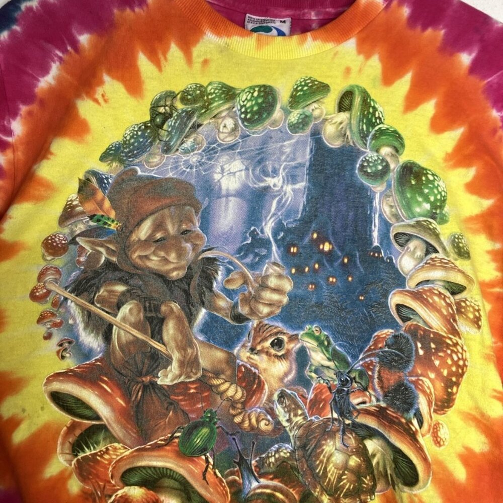 Vintage Liquid Blue T-Shirt Medium Tie Dye Gnome Elf Psychedelic Mushrooms 1999 - Picture 2 of 9